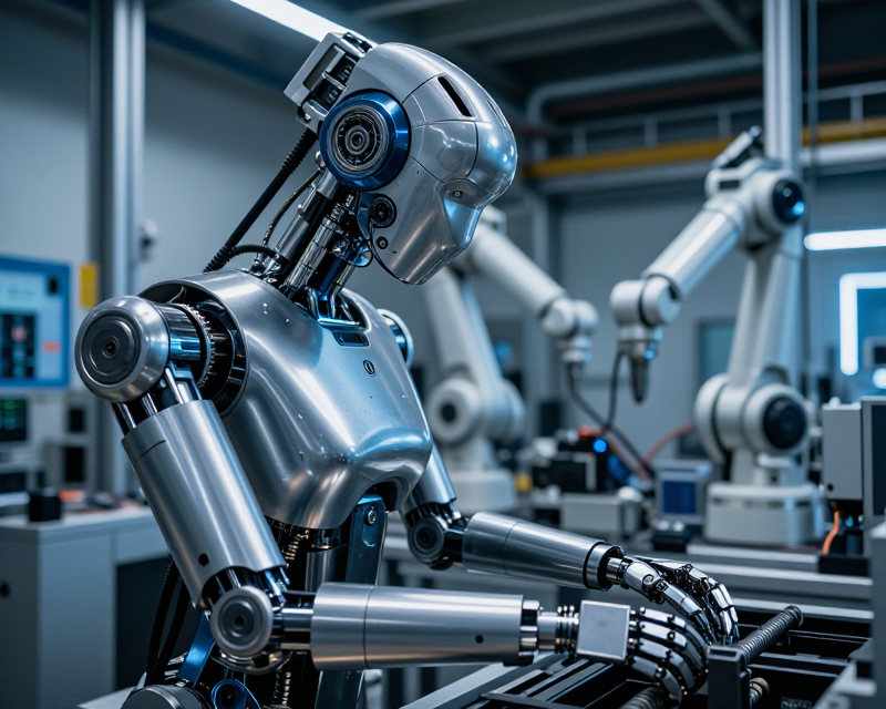 Advanced Humanoid Robot in High-Tech Factory